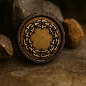 May include: A round, bronze-colored object with a detailed gold-colored design. The design features a circular pattern of stylized thorns around a central, textured area. The object is set against a natural, earthy background with rocks.