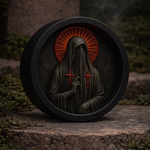 Puede incluir: Escultura en relieve circular oscura que representa una figura encapuchada con un halo rojo y dos cruces rojas. La figura está envuelta en tela oscura, sobre un fondo texturizado. La escultura está enmarcada en un borde circular negro.