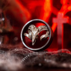 Pode incluir: Um crânio de carneiro prateado com chifres é exibido em uma moldura circular preta. A moldura é colocada contra um fundo vermelho e branco.