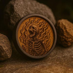 Könnte beinhalten: Ein rundes, dunkelbraunes Objekt mit einem detaillierten Relief eines schreienden Skeletts in Flammen. Das Skelett befindet sich in der Mitte, umgeben von stilisierten Flammen. Das Objekt hat einen dunklen Rand und einen strukturierten, goldbraunen Hintergrund.