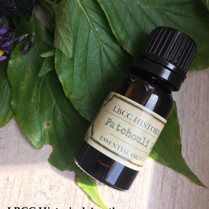 May include: A small, dark glass bottle of patchouli essential oil with a black cap, labeled "LBCC Historical Apothecary." The bottle rests on a bed of green leaves and purple flowers. The text "Essential Oils" is also visible.