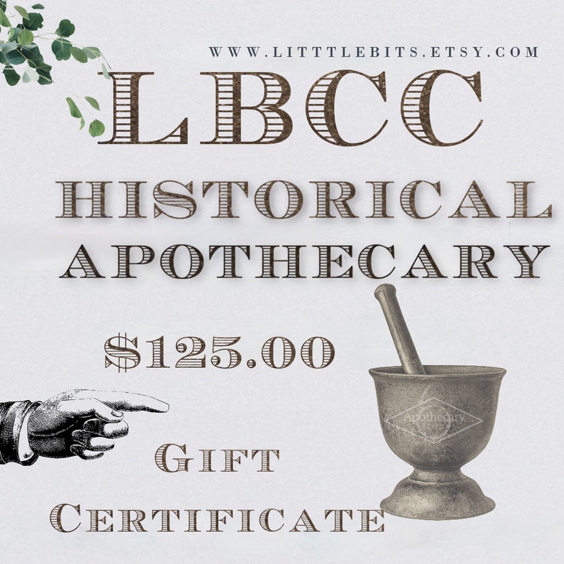 125.00 Historical Gift Certificate Holiday Gift Certificate Christmas Apothecary Gift Certificate LBCC Historical Apothecary image 1