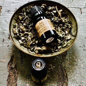 May include: A small dark glass bottle with a dropper top and a brown paper label that reads "Oil of Eucalyptus, Beaver Dam Wisconsin, Pour scent with some carrier oil, Dilute Before Use, Lot # 107, 20006". The bottle is sitting on a brass dish filled with dried herbs.