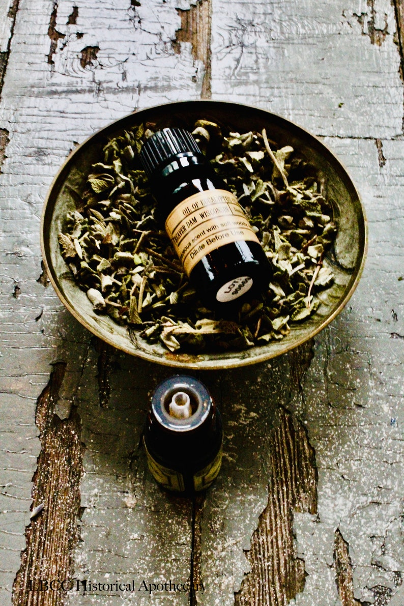 May include: A small dark glass bottle with a dropper top and a brown paper label that reads "Oil of Eucalyptus, Beaver Dam Wisconsin, Pour scent with some carrier oil, Dilute Before Use, Lot # 107, 20006". The bottle is sitting on a brass dish filled with dried herbs.