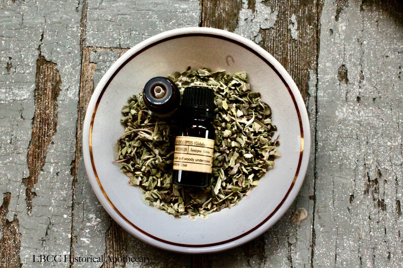 May include: A small dark brown glass bottle with a gold label that reads "EUCALYPTUS GLOBULUS" and "Botanical Essence" on a white plate with dried green herbs.