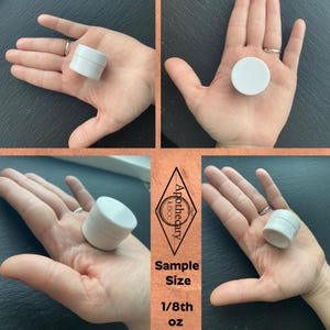 May include: Four images show a small, white sample jar held in a hand. The jar is labeled "Sample Size 1/8th oz" with the Apothecary LECC logo. The jar appears to be a container for skincare or cosmetic products.