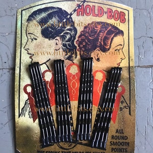 Vintage 1920s HOLD-BOB Hair Pins: Black Bobby Pins on Stock Card