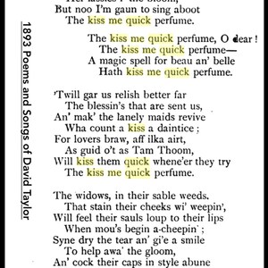 Peut inclure: Un livre vintage de po&egrave;mes et de chansons de David Taylor, publi&eacute; en 1893. Le texte pr&eacute;sente un po&egrave;me sur un parfum appel&eacute; "kiss me quick perfume".