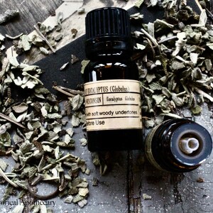 May include: A dark brown glass bottle with a black cap and a label that reads "Eucalyptus (Globulus) Wisconsin Eucalyptus Globulus with soft woody undertones Before Use". The bottle is sitting on a wooden surface with dried herbs scattered around it.