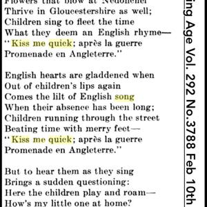 Peut inclure: Un article de journal en noir et blanc avec le texte "ST. OUEN EN PICARDIE." et un po&egrave;me sur des enfants anglais chantant en France. Le po&egrave;me comprend la phrase "Kiss me quick; apr&egrave;s la guerre Promenade en Angleterre."