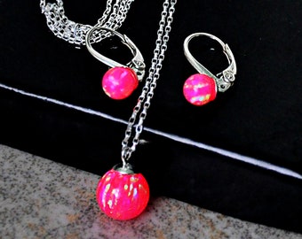 Hot Pink Opal Jewelry Set, Pink Opal Ball Pendant Necklace, Pink Opal Earrings Lever Back/French Hook/Posts Sterling Silver, Gift for BFF