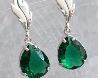 Emerald Green Teardrop Earrings, Sterling Silver Leaf Stud Earrings, May Birthday Gift for her, Bohemian Jewelry, Gift for Bridesmaid, BFF