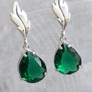 Emerald Green Teardrop Earrings, Sterling Silver Leaf Stud Earrings, May Birthday Gift for her, Bohemian Jewelry, Gift for Bridesmaid, BFF