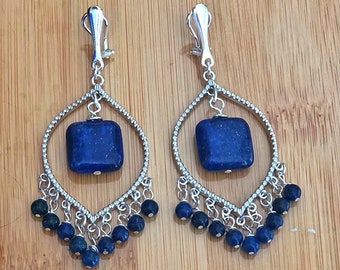 Lapis Lazuli Earrings, Non-Pierced Clip on Earrings Long, Blue Stone Earrings Sterling Silver, Handmade Jewelry, Birthday Gift for Wife, BFF