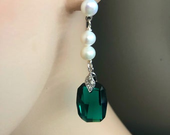 Emerald Green Crystal Earrings Silver, Real Pearl Stud Earrings Dangle, Bridal Bohemian Jewelry, Bridesmaid Gift, Gift for Girlfriend, BFF