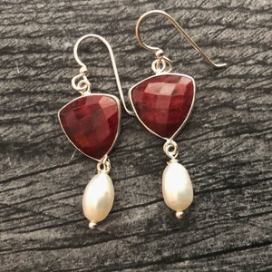 Genuine Ruby Earrings, Ruby and Pearl Earrings Sterling Silver, Real Pearl Dangle Earrings, Pearl Drop Earrings, Gift for Girlfriend Wife