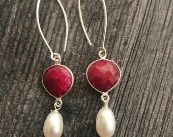 Genuine Ruby Earrings, Ruby and Pearl Earrings Sterling Silver, Freshwater Pearl Dangle Earrings, Pearl Drop Earrings, Bohemian Jewelry