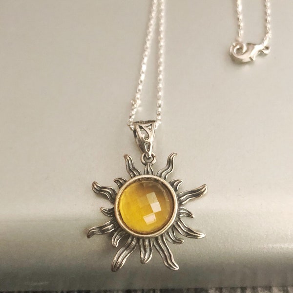 Genuine Citrine Sun Pendant, Sterling Silver Sunshine Necklace, November Birthstone, Celestial Jewelry, Gift for Wife Girlfriend