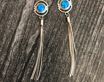 Opal Silver Tassel Earrings, Blue Opal Earrings Sterling Silver, Navajo Style Earrings, October Birthstone, Gift for Girlfriend, Bridesmaid