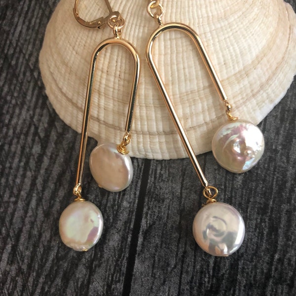 Arch Earrings Gold, Pearl Drop Earrings, Modern Statement Earrings, Bohemian Jewelry, Gift for Girlfriend, Bridesmaid, Arc Earrings