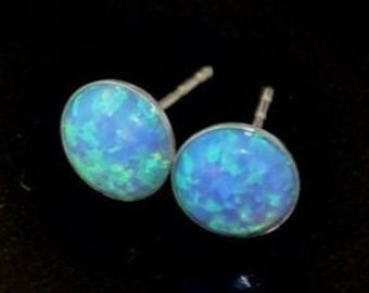 8mm Opal Earrings Sterling Silver, Opal Stud Earrings, Blue Opal Earrings, Opal Jewelry, October Birthstone