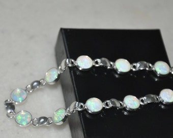 White Opal Bracelet Sterling Silver, Opal Tennis Bracelet, Opal Jewelry, October Birthstone, Gift for Wife, Girlfriend, Handmade Jewelry