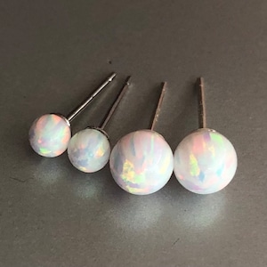 White Opal Earrings Sterling Silver, Opal Ball Stud Earrings, Opal Earrings set, 6mm 4mm, Tiny Opal Studs, October Birthstone, Opal Jewelry