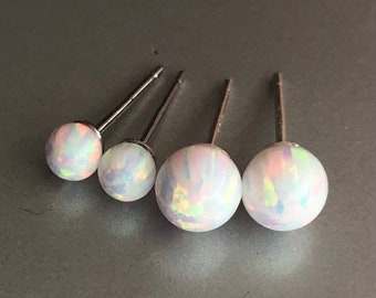 White Opal Earrings Sterling Silver, Opal Ball Stud Earrings, Opal Earrings set, 6mm 4mm, Opal Studs, October Birthstone, Opal Jewelry