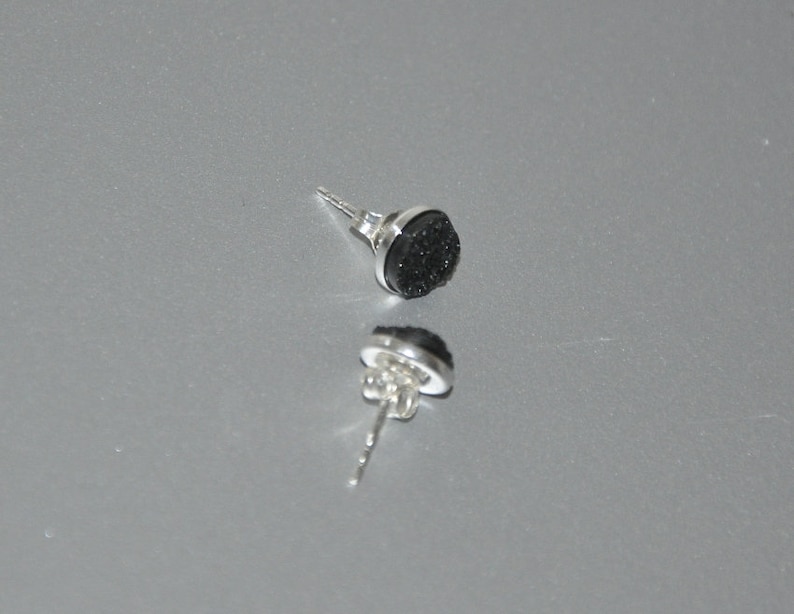 Black Druzy Stud Earrings Sterling Silver 8mm Stone Beaded Jewelry Quartz Titanium Druzy