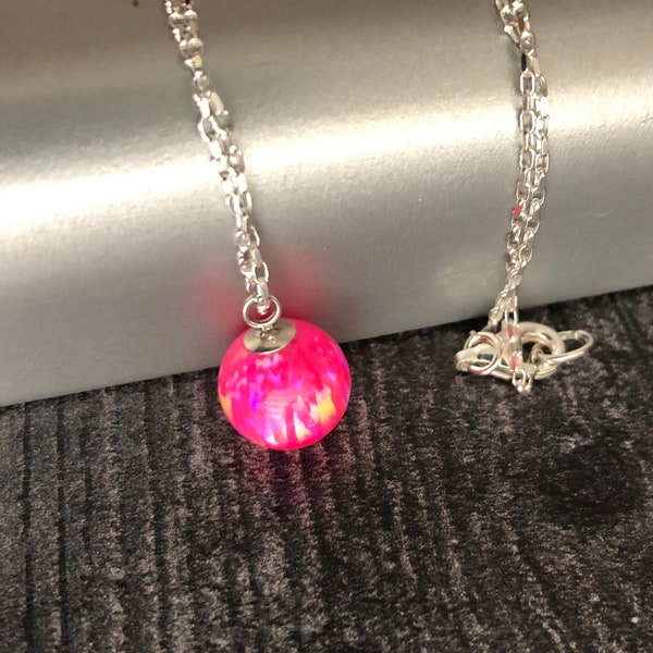 Opal Necklace Sterling Silver, Hot Pink Opal Ball Pendant Necklace, 10mm Opal, October Birthstone, Romantic Gift for Girlfriend, Wife, BFF