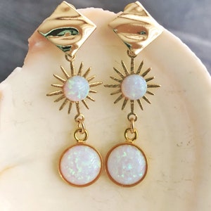 White Opal Dangle Stud Earrings Gold, Boho Celestial Earrings, Starburst Statement Earrings, Opal Jewelry, Birthday Gift for Wife