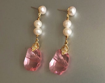Pink Crystal Earrings Gold, Real Pearl Stud Earrings Dangle, Bridal Bohemian Jewelry, Bridesmaid Gift, Daughter, Mother of the Bride Gift