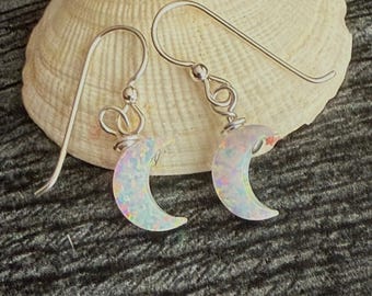 Opal Moon Earrings in Sterling Silver, White Opal Earrings Dangle Earrings, October Birthstone, Celestial Jewelry, Birthday gift for BFF