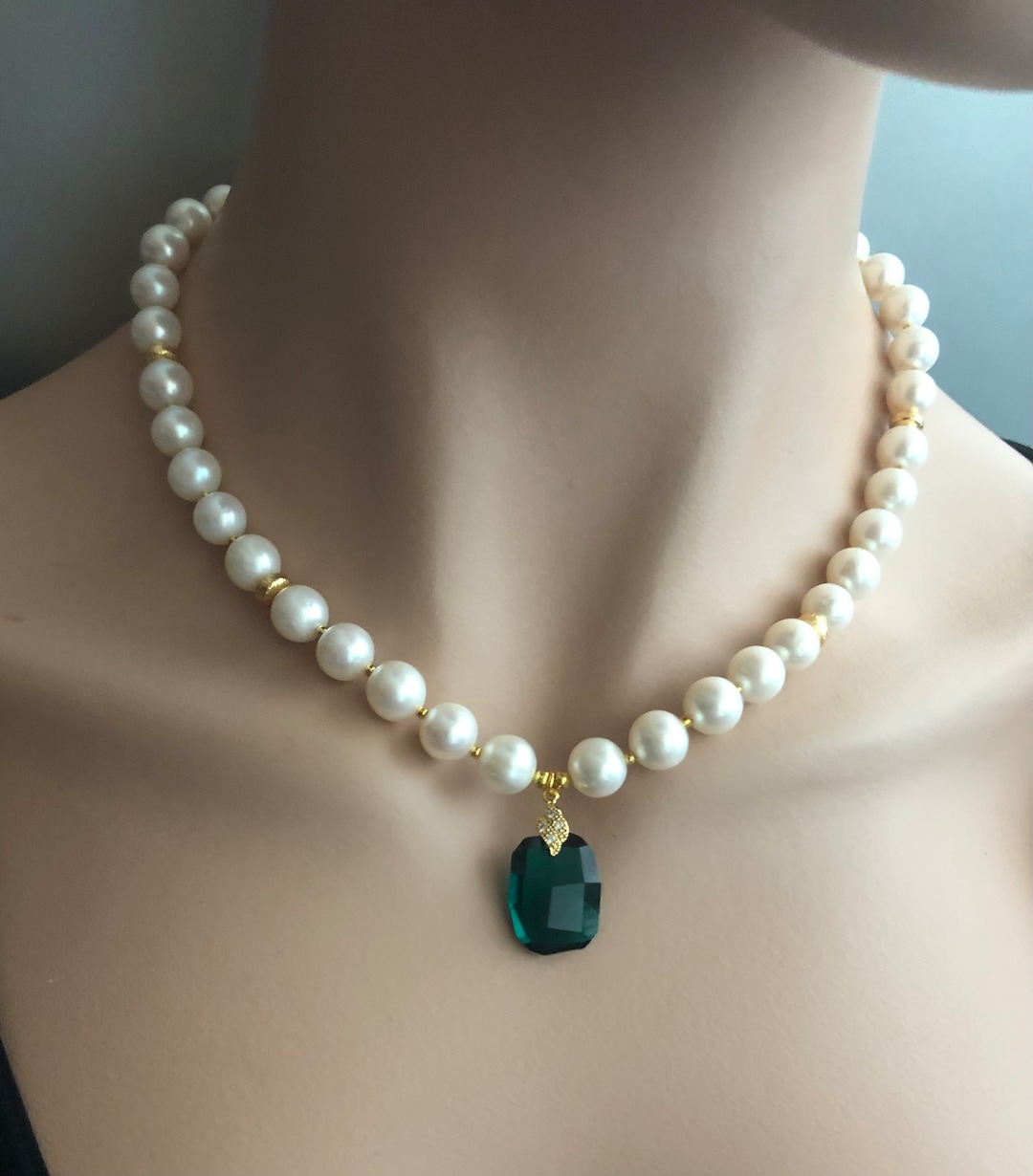 Handmade Freshwater Pearl And Crystal Necklace Gold Emerald Green handmade-freshwater-pearl-and-crystal-necklace-gold-emerald-green