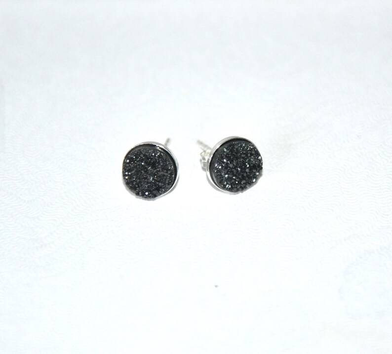 Black Druzy Stud Earrings Sterling Silver 8mm Stone Beaded Jewelry Quartz Titanium Druzy