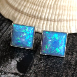 Blue Opal Earrings Sterling Silver, Large Square Stud Earrings, Opal Studs, Unisex Earrings, Opal Jewelry, October Birthstone Gift for BFF