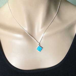 Blue Opal Necklace, Square Stone Pendant Necklace Sterling Silver, Bohemian Bridal Opal Jewelry, Geometric Necklace, October Birthstone