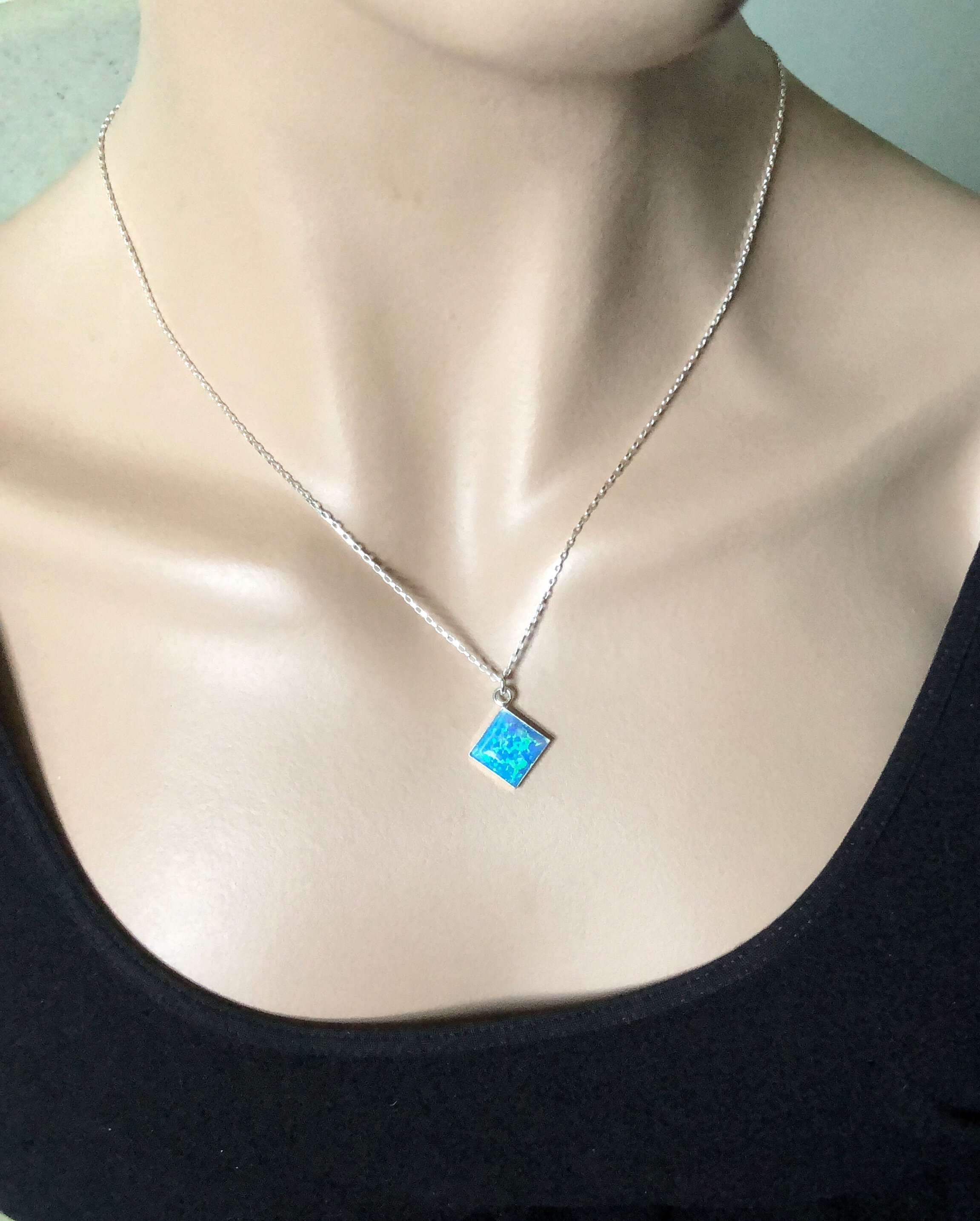 Blue Opal Necklace Square Stone Pendant 