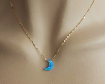 Opal Necklace Gold, Moon Phase Necklace, Blue Moon Necklace, Blue Opal Layering Necklace, Opal Jewelry, Gift for Wife, Girlfriend, BFF