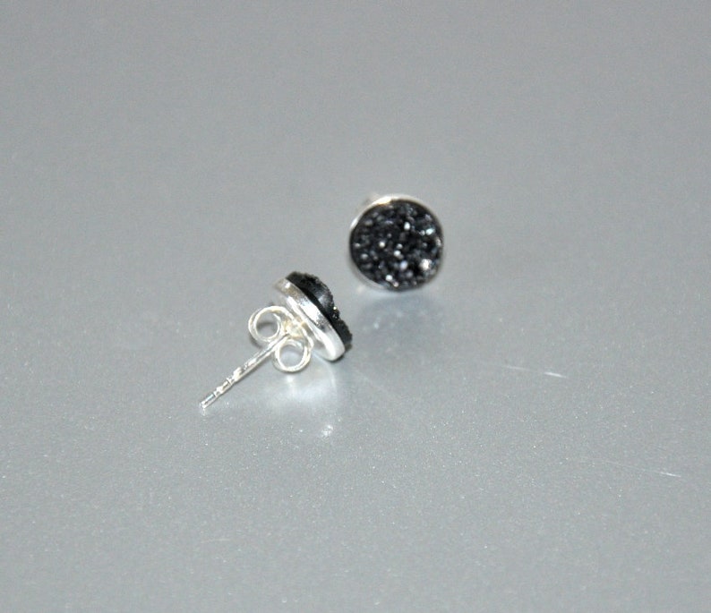 Black Druzy Stud Earrings Sterling Silver 8mm Stone Beaded Jewelry Quartz Titanium Druzy