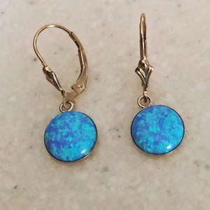 Opal Earrings, Blue Opal Earrings Dangle, Lever Back Earrings, 10mm Opals, Bridal Opal Jewelry, October Birthstone, Gift for Wife BFF Gold filled