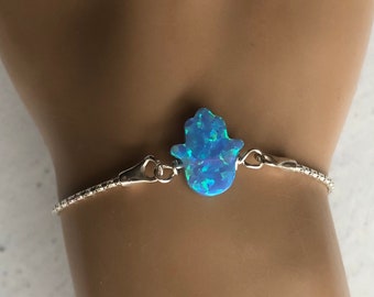 Dainty Hamsa Bracelet Adjustable, Blue Opal Bracelet Sterling Silver, Good Luck Protection Jewelry, October Birthstone, Gift for Daughter