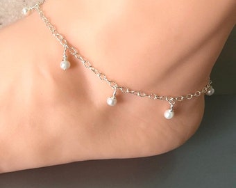 Freshwater Pearl Anklet, Solid Silver Anklet for Women, Adjustable Ankle Bracelet, June Birthstone Gift, Beach Summer Jewelry, Birthday Gift