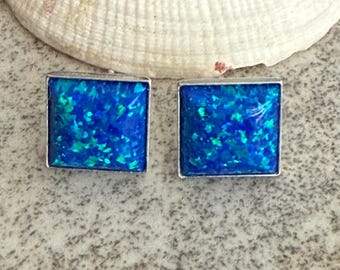 Square Blue Opal Stud Earrings Sterling Silver, Unisex Earrings, Geometric Jewelry, October Birthstone