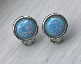 Clip on Earrings, Opal Earrings Sterling Silver, Cornflower Blue Opal Earrings, Opal Jewelry, October Birthstone, Gift for Wife