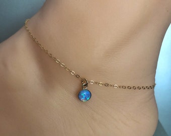 Opal Anklet Gold, Blue Opal Anklet Bracelet, Adjustable Gold Filled Ankle Bracelet, Opal Jewelry, Beach Jewelry, Best Friend Gift
