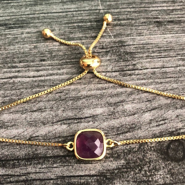 Amethyst Bracelet Gold, Dainty Adjustable Bracelet, February Birthstone, Bolo Bracelet for Women, Birthday, Anniversary Gift for Wife