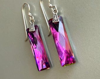 Fuchsia Hot Pink Bar Earrings Sterling Silver, Pink Crystal Drop Earrings, Bridal Jewelry, Birthday Gift for Daughter, Wife, Romantic Gift