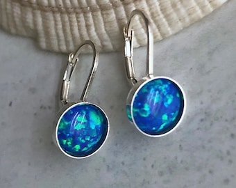 Opal Earrings, Sterling Silver Lever back Earrings, 8mm Opal, Pacific Blue Opal Earrings, October Birthstone, Opal Jewelry, Gift for Wife