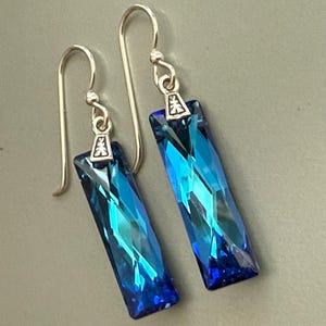 Blue Bar Earrings Sterling Silver, Bermuda Blue Austrian Crystal Drop Rectangular Earrings, Bridal Jewelry, Birthday Gift for Wife, Daughter